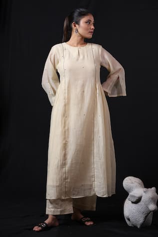 Beige Chanderi Side Gathered Kurta With Pant 