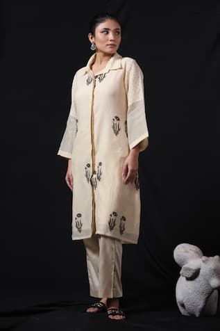 Beige Floral Block Print Tunic & Pant Set 