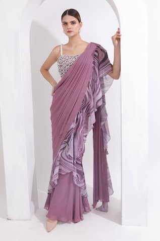 OMAL SINDWANI Pre-Draped Ruffle Saree With Embroidered Blouse 