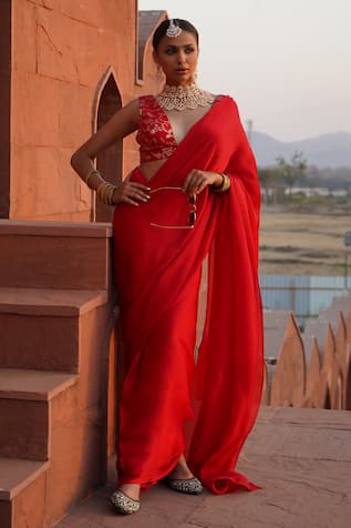 Monk & Mei Ruhee Pre-Draped Saree With Bloom Brocade Blouse 