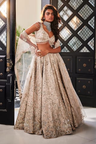 Kalighata Bouquet Floral Hand Embroidered Bridal Lehenga Set 