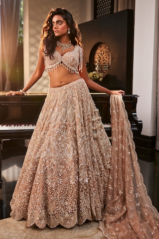 Buy Gold Tissue Embroidered Hand Panelled Bridal Lehenga And Blouse Set For  Women by Jiya by Veer Design Studio Online at Aza Fashions.