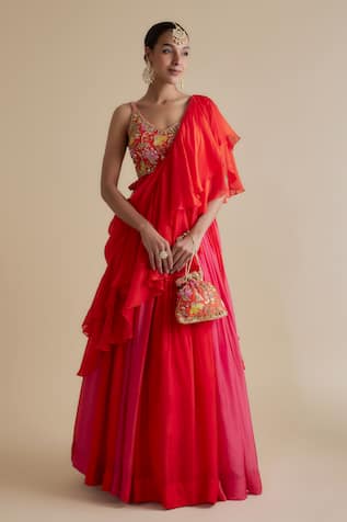 Keith Gomes Ombre Gathered Ruffle Skirt Saree With Blouse 