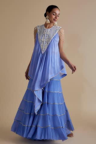 Keith Gomes Pearl Embroidered Kurta & Tiered Palazzo Set 