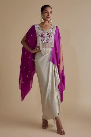 Keith Gomes Tassel Embroidered Cape Draped Skirt Set 