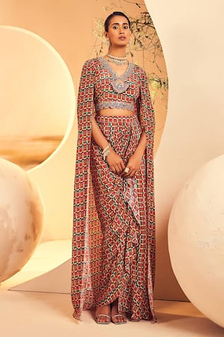 Aneesh Agarwaal Ikat Print Cape Top & Ruffled Printed Skirt Set 