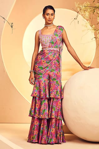 Aneesh Agarwaal Floral Print Pre-Draped Sharara Saree With Blouse 