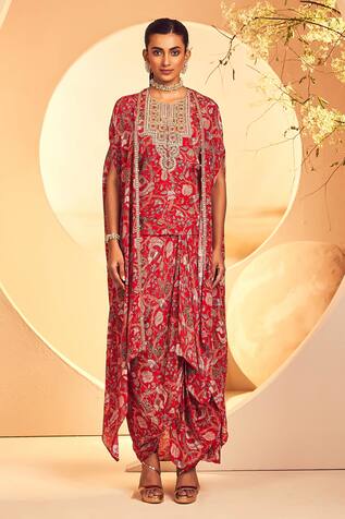 Aneesh Agarwaal Kalamkari Print Cape Draped Skirt Set 