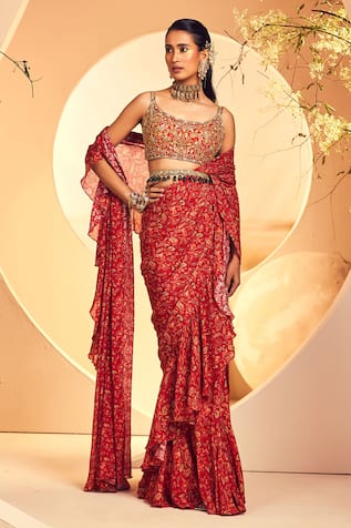 Aneesh Agarwaal French Chintz Print Pre-Draped Saree With Blouse 