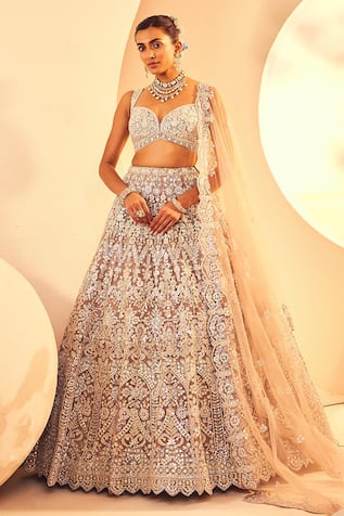Shop Anisha Shetty lehengas, anarkalis, kurtas and more online at  WaliaJones.com. We offer FREE SHIPPING Wor… | Gown party wear, Blue lehenga,  Pink and blue flowers