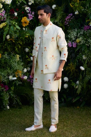 Shyam Narayan Prasad Hand Block Pattern Waistcoat Kurta Set 