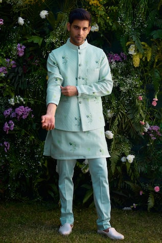 Shyam Narayan Prasad Floral Hand Block Print Waistcoat Kurta Set 