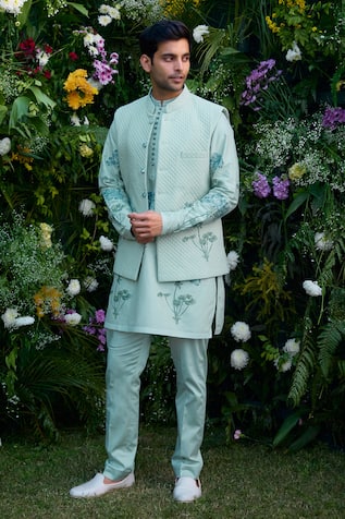 Shyam Narayan Prasad Floral Block Pattern Waistcoat Kurta Set 
