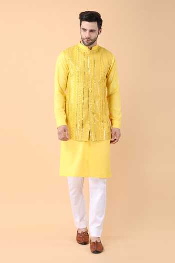 Manish Nagdeo Sequin Embroidered Yellow Bundi Kurta Set 