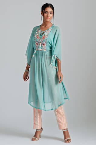 GEE SIN by Geetanjali Singh Floral Patchwork Embroidered Kaftan Tunic & Trouser Set 