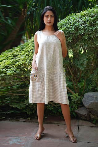 Linen Bloom Vines & Checkered Print Linen Dress 