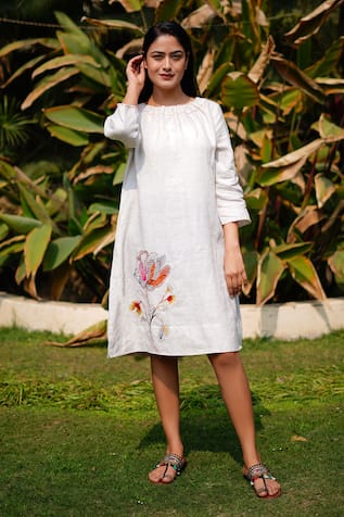 Linen Bloom Flower Embroidered Linen Dress 