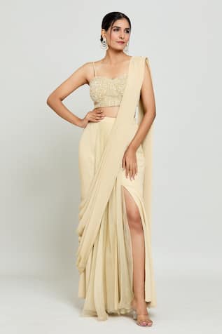 Samyukta Singhania Pre-Draped Slit Saree With Hand Embellished Blouse 