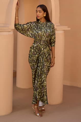 HOUSE OF FETT Acacia Jungle Print Cowl Draped Dress 