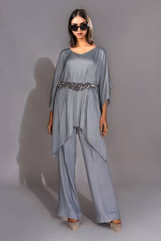 Shruti S Grey Sequin Belt Kaftan & Trouser Set 