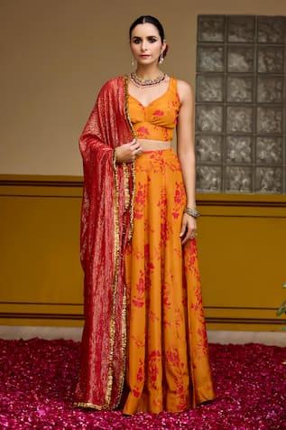 Baaro Masi Floral Print Leaf Neck Blouse Lehenga Set 