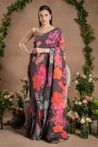 PREETI MEHTA Micro Pleated Printed Pre-Draped Saree With Blouse 