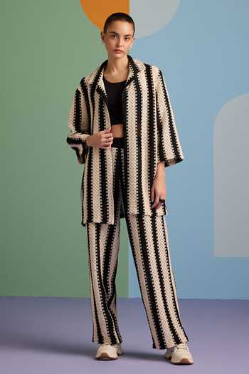 Muvazo Crochet Stripe Pattern Shrug Pant Set 