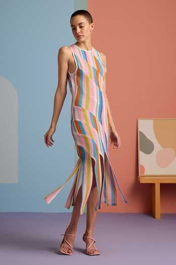 Muvazo Multicolor Crochet Fringe Hem Dress 