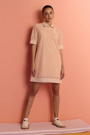 Peach Plain Mini Dress with Geometric Collar 