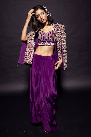 Sejal Kamdar Ajrakh Cape Jacket & Draped Skirt Set 