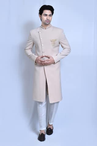Embroidered Collar Plain Sherwani With Pant 