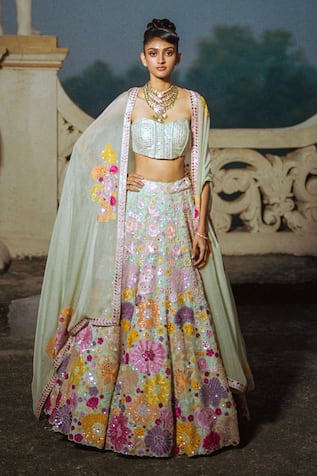 Mishru Iris Floral Bunch Embroidered Bridal Lehenga Set 