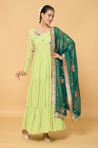 Adara Khan Bahar Thread Embroidered Tiered Anarkali With Dupatta