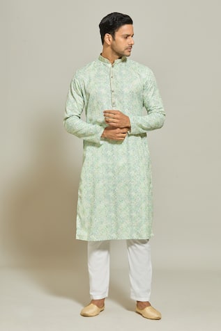 Geomteric Print Embroidered Kurta & Aligadi Pant Set 