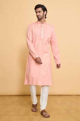 Placket Thread Embroidered Woven Kurta & Churidar Set 