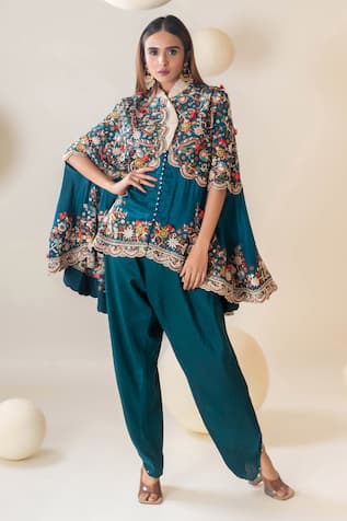 Pallavi Poddar Aarya Resham Gullista Embroidered Cape With Harem Pant 