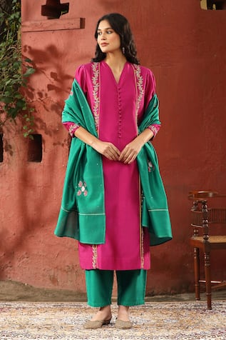 Weaver Story Placement Embroidered Chanderi Silk Kurta Pant Set 