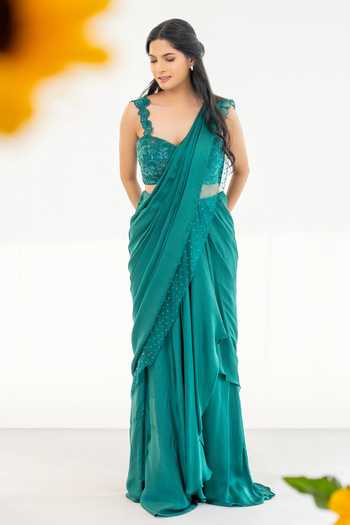 Aanchal Vijaywargi Scarlet Blossom Organza Border Pre-Draped Saree Set 