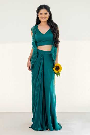 Aanchal Vijaywargi Daisy Applique Embellished Jacket Draped Skirt Set 