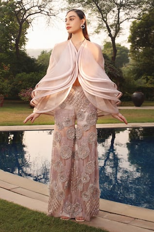 Shweta Aggarwal Exaggerated Abstract Cape Bejewelled Pant Set 