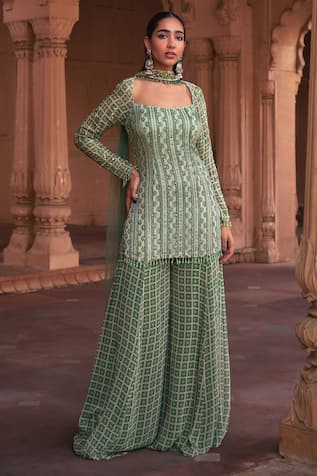 DiyaRajvvir Grid & Floral Print Kurta Sharara Set 