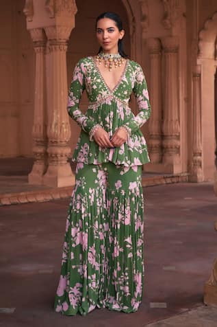 DiyaRajvvir Floral Print Peplum Top & Gharara Set 