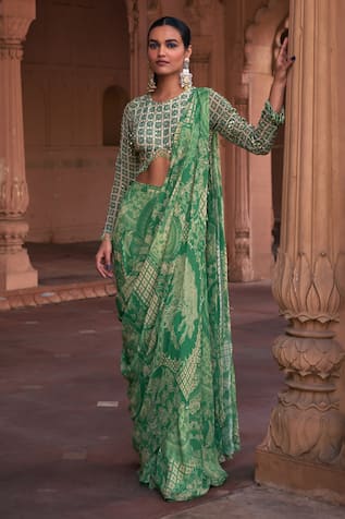 DiyaRajvvir Thikri Print Pre-Draped Sharara Saree With Blouse 