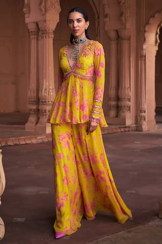 DiyaRajvvir Floral Print Peplum Top & Sharara Set 