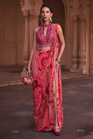 DiyaRajvvir Thikri Print Pre-Draped Skirt Saree With Blouse 