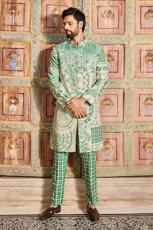 DiyaRajvvir Thikri Print Embroidered Sherwani & Pant Set 