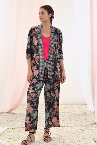 MoonTara Floral Print Jacket Pant Set 