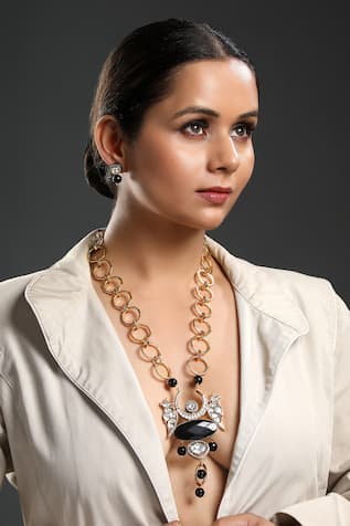 Kundan Polki Embellished Long Pendant Necklace Set 