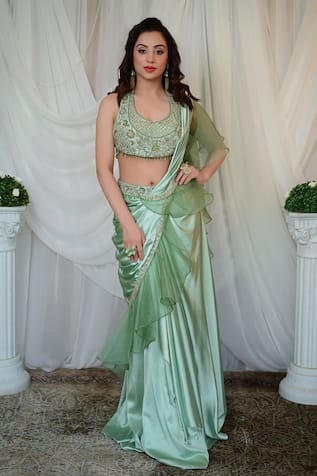 SHASHANK ARYA Pre-Draped Ruffle Saree With Embellished Blouse 