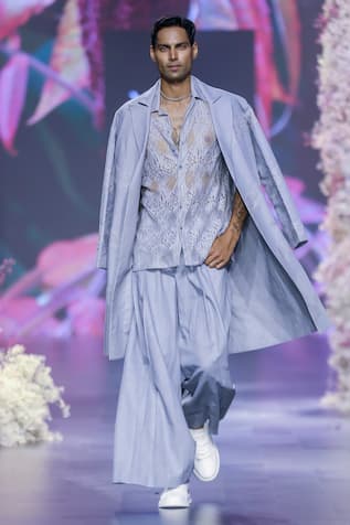Linen Chantilly Lace Embellished Trench Coat 